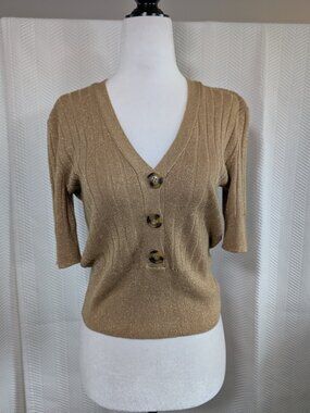 Mango Ribbed Knit Gold Metallic Top Medium Quiet Luxury Minimalist Clean Girl